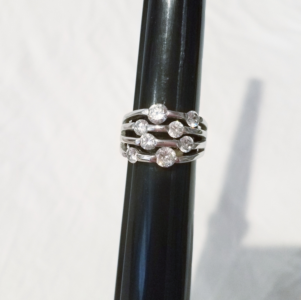 Boho Silver Multi Row Floating Bubble Crystal Statement Ring 8.5